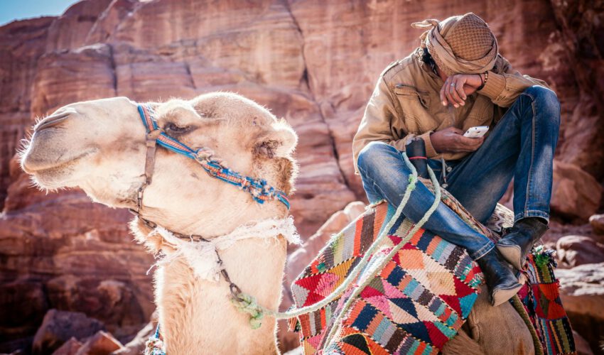 Asien, Naher und Mittlerer Osten, Jordanien: Nabataeische Felsenstadt Petra. Kamele mit Beduinen und seinem Smartphone.

Asia, Near and Middle East, Jordan, Petra: Kamel mit Bedouin and his mobile.